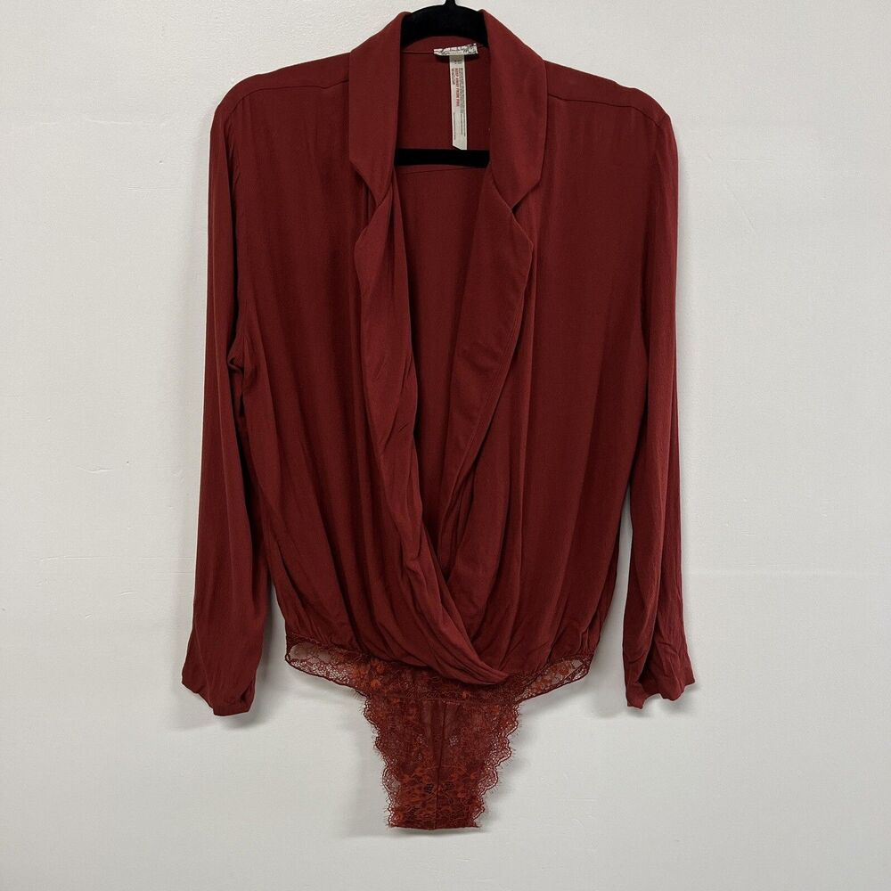 Free People Lace Bodysuit XS Boho Chic Burgundy Deep V Draped Surplice Romantic